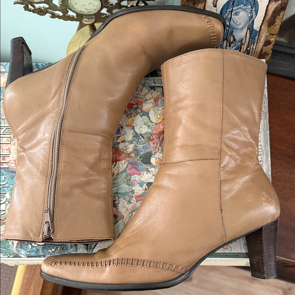 Girl Boss Vintage 90s Y2K Nickels Tan Leather Square Toe Chunky Heeled Boots - Picture 4 of 11